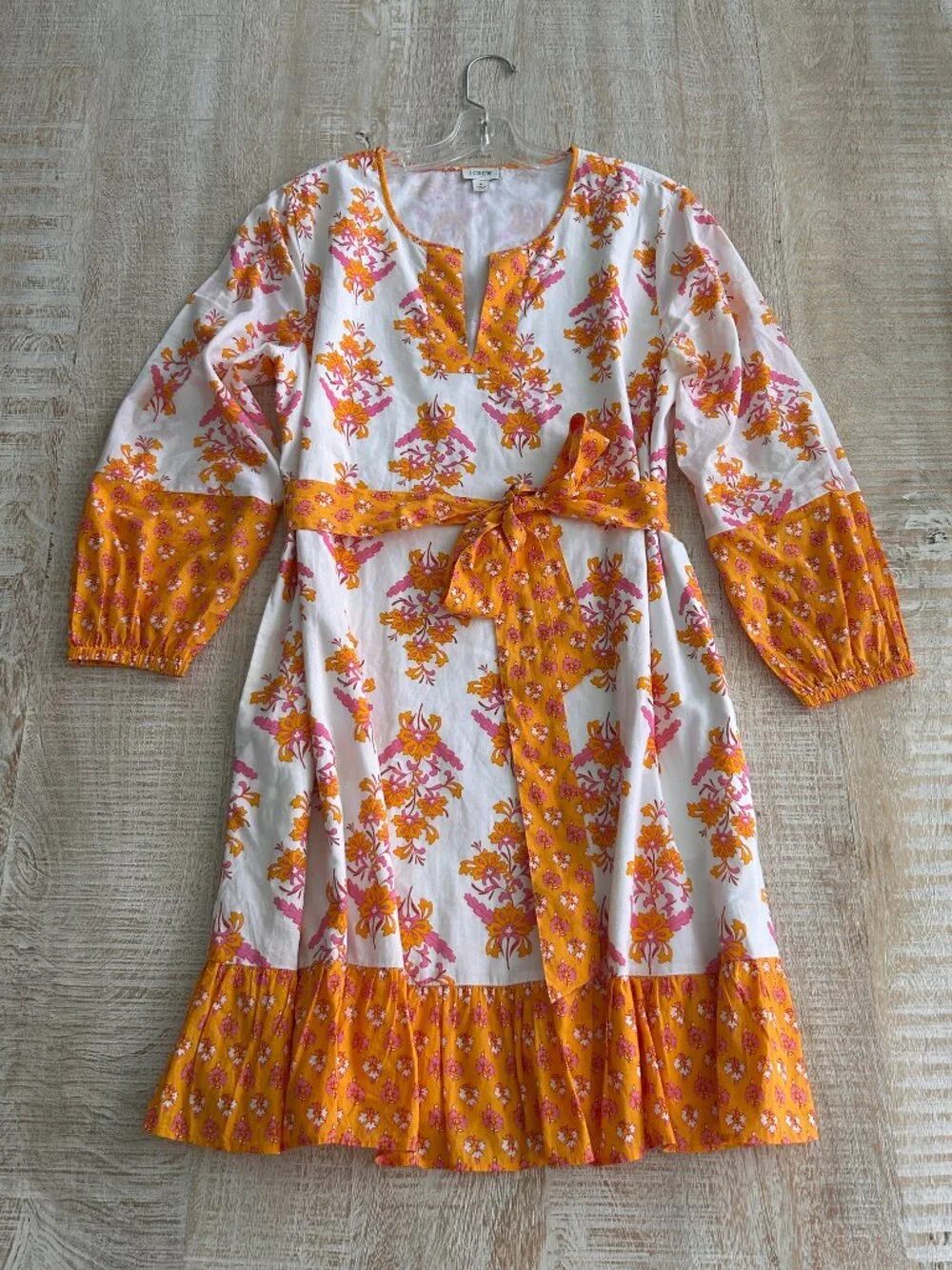 J. Crew Block Print Orange/Pink Floral Boho Summer Long Sleeve Dress Size Small